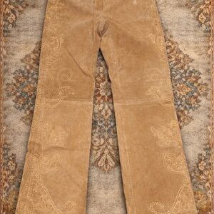 Luxury Italian Suede Leather Pants Tan Embroidered Boho Silk Lined Sz 29 X 28